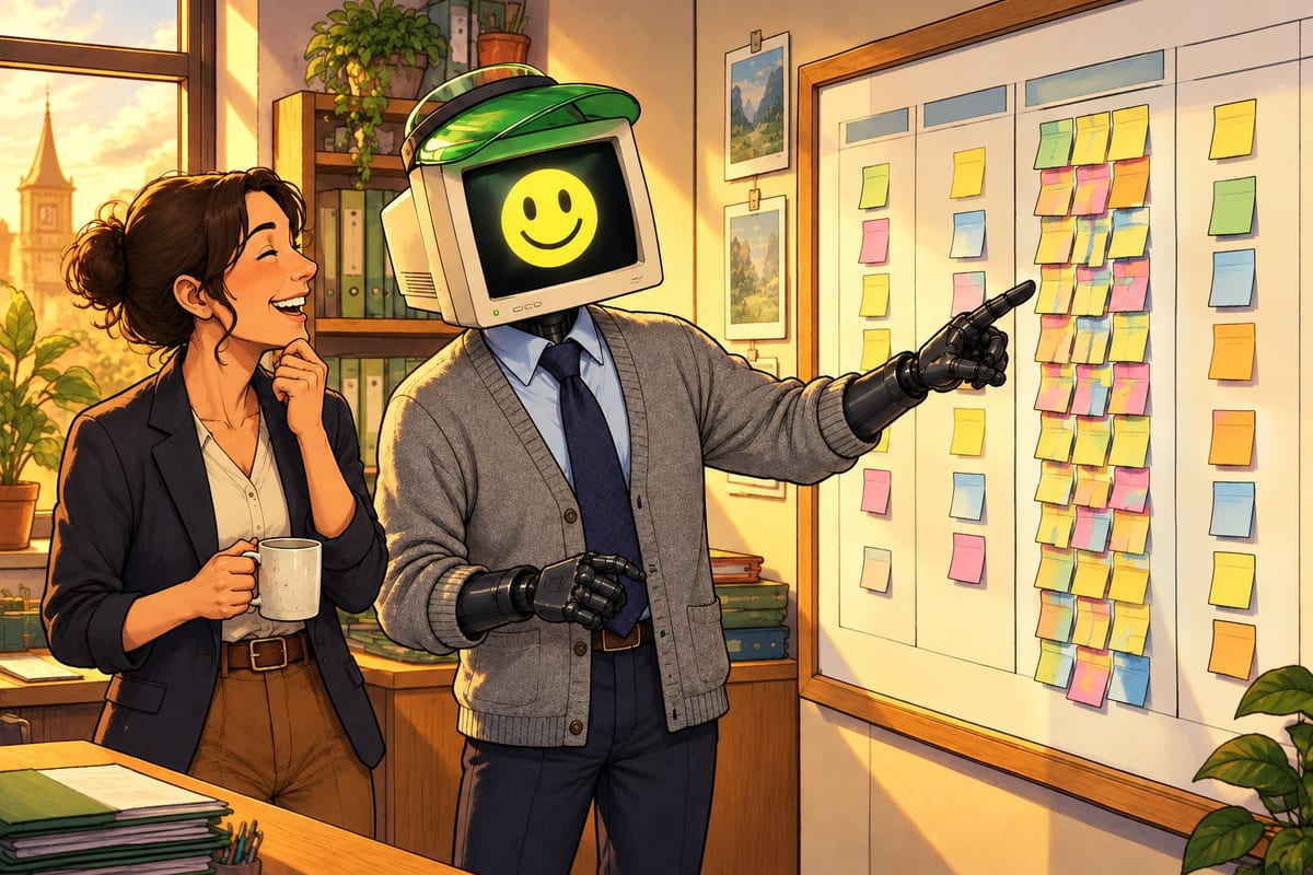 Winston, the DigitalStaff robot, in a cardigan and green accountant's visor, points at the busiest week on a wall planner full of sticky notes while an accountant laughs