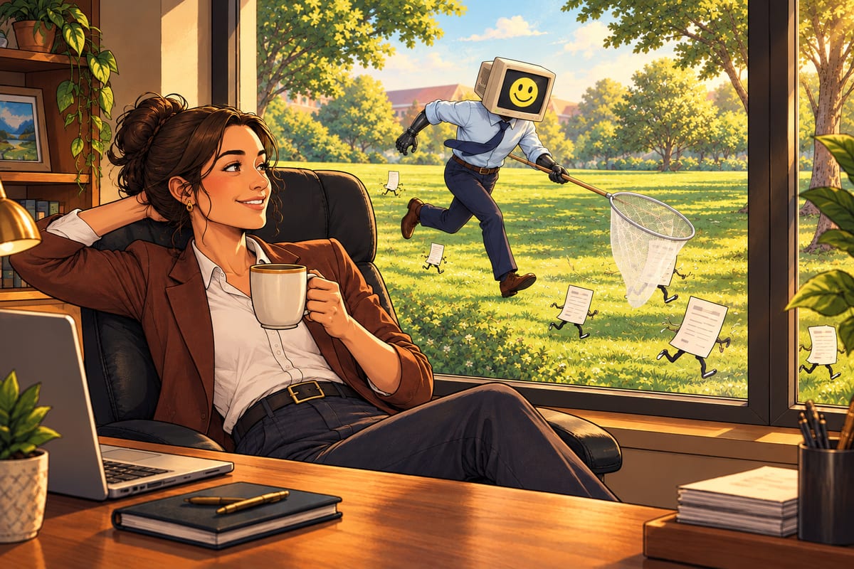 A business owner relaxes with a coffee while, through the window behind her, Winston, the DigitalStaff robot, chases runaway invoices across the lawn with a butterfly net