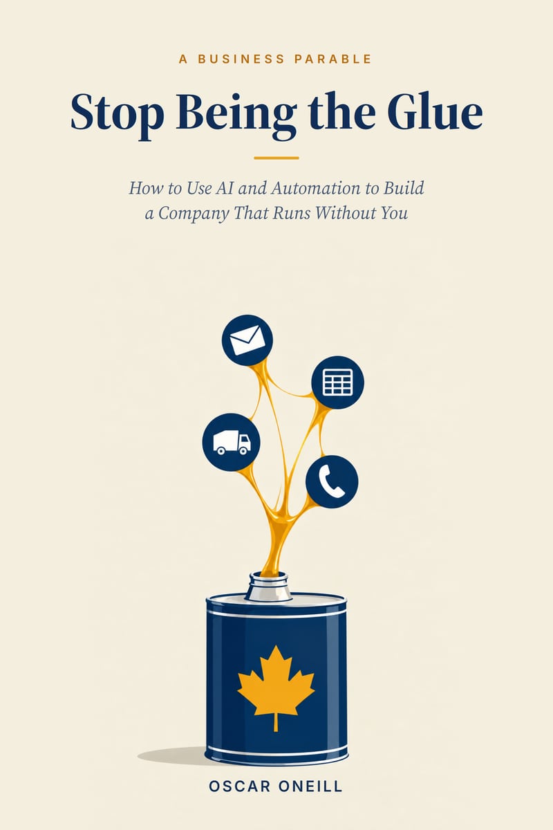 Cover of Stop Being the Glue, a business parable by Oscar ONeill: a navy maple syrup tin whose golden syrup holds up icons for email, a spreadsheet, a delivery truck and a phone