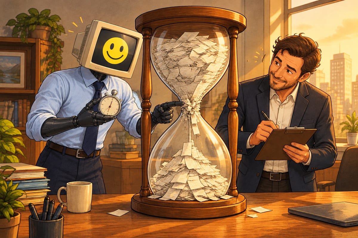 Winston, the DigitalStaff robot, holds a stopwatch and points at a giant hourglass on a desk whose falling paper is jammed at the narrow neck, while a business owner makes a note on a clipboard